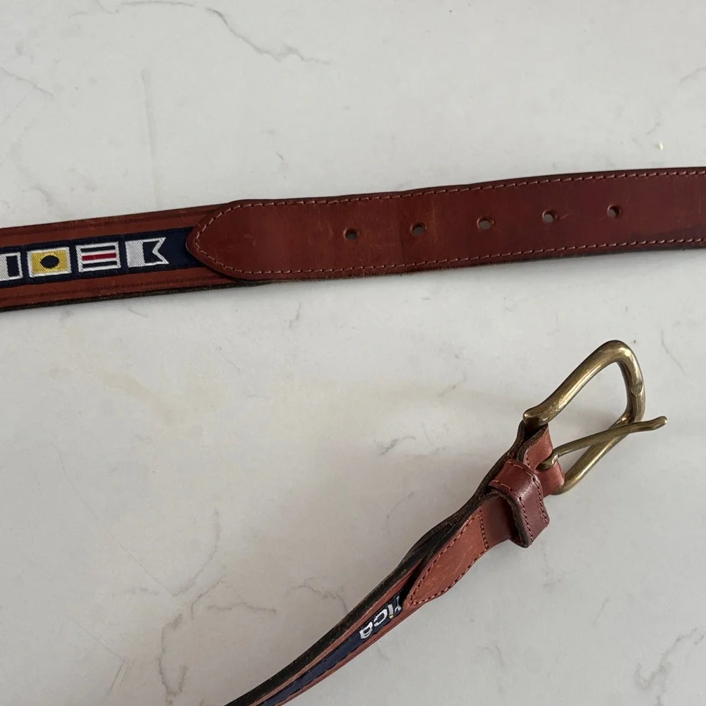 Nautica‎ Leather Belt with Brass Buckle and Flag Designs
